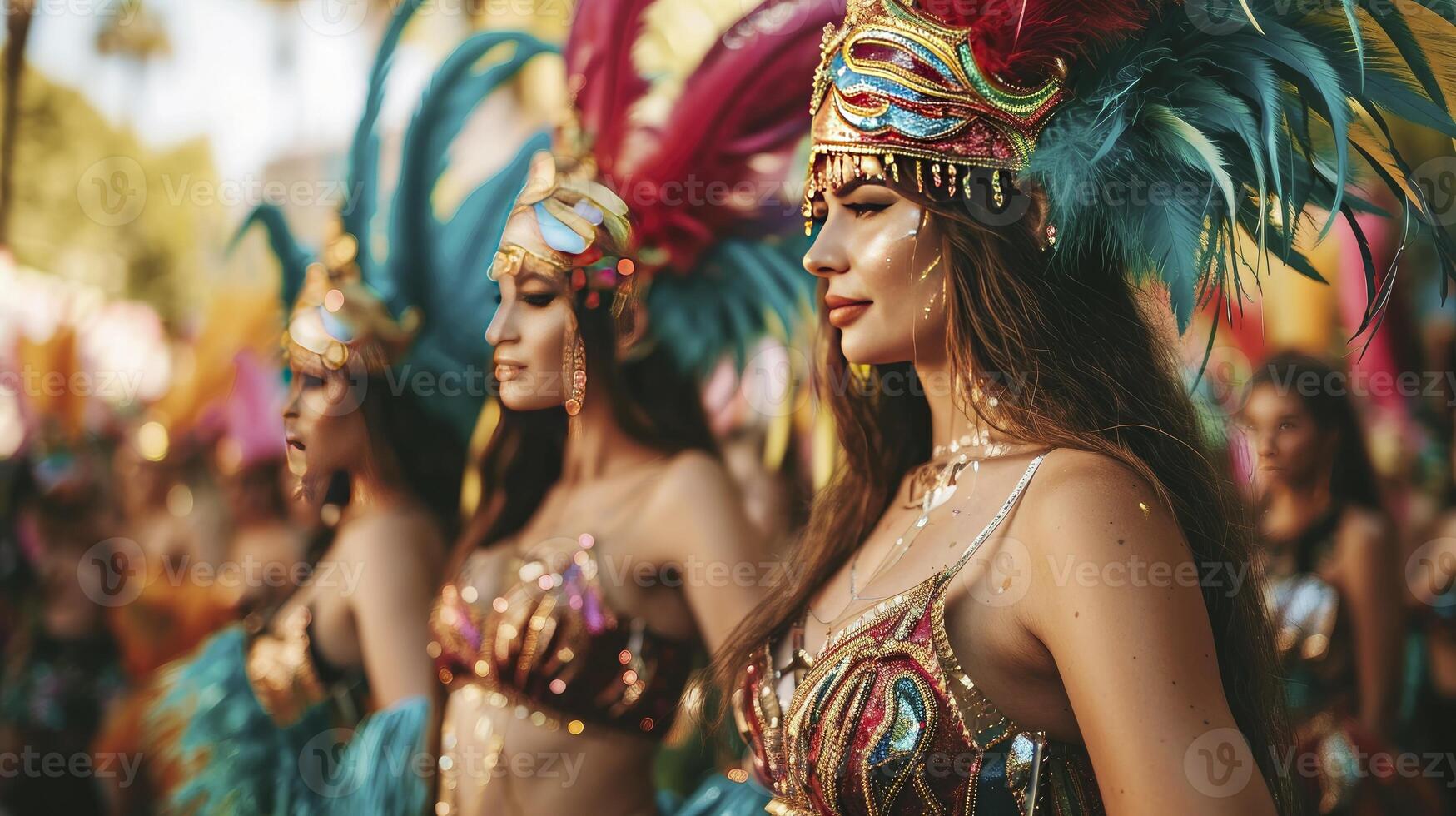 AI generated Group of a sexy girls in a colorful sumptuous carnival feather suit. photo