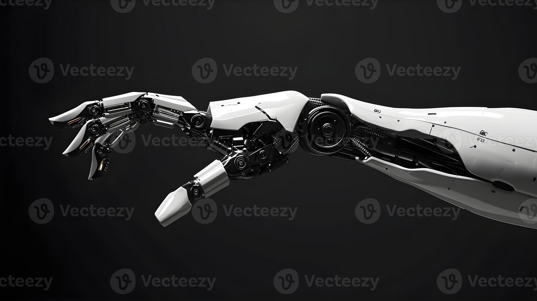 AI generated Futuristic Robot Hand Reaching Out On Black Background photo