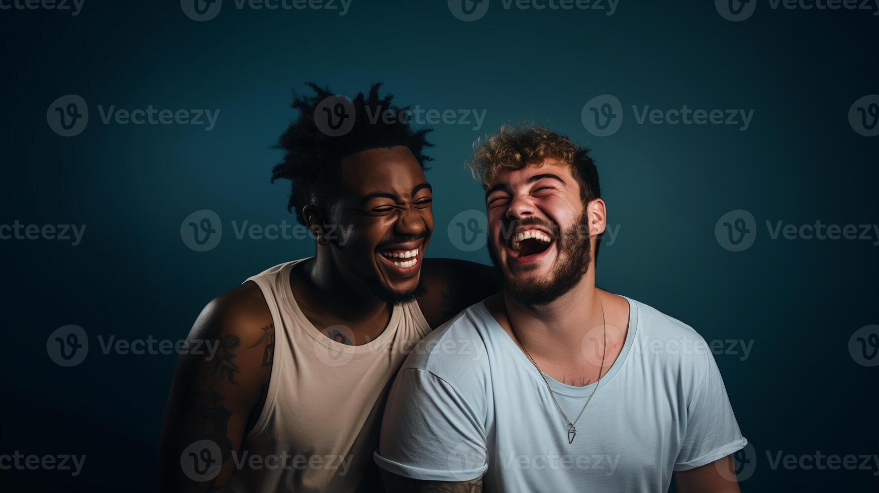 ai generado dos masculino mejor amigos riendo juntos - ai generado foto