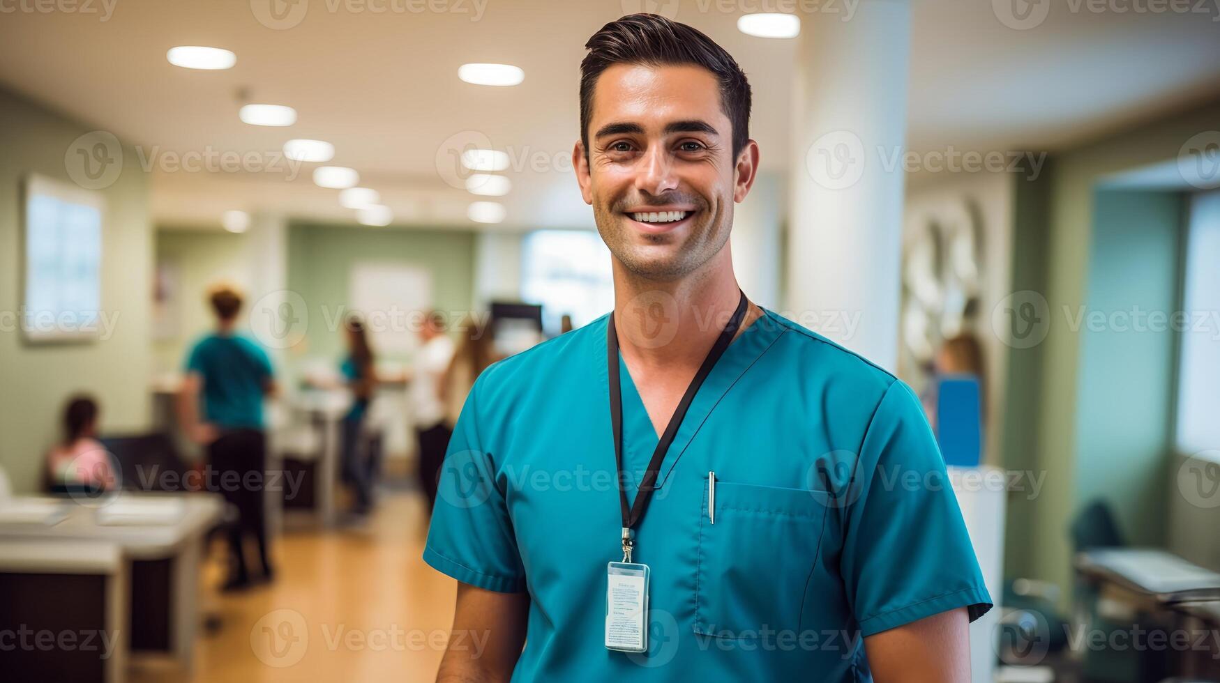 ai generado masculino enfermero en pie sonriente en frente de cámara - ai generado foto