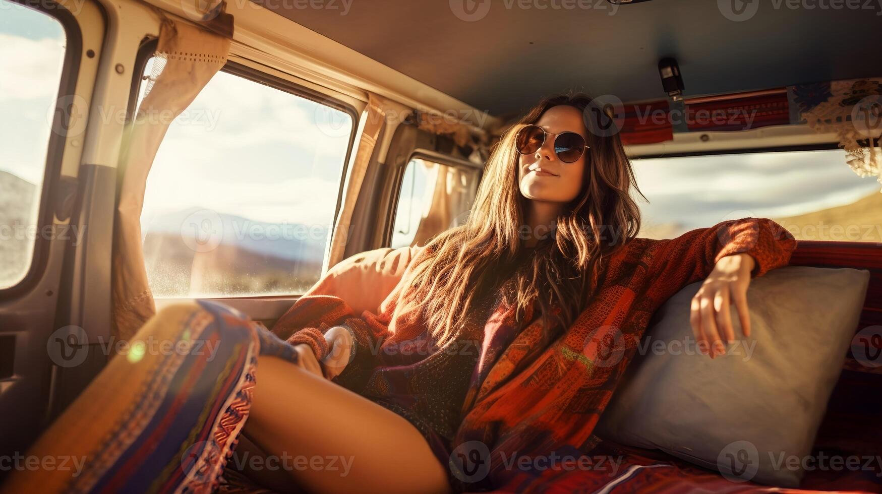 AI generated Young Woman Relaxing In The Back Of A Travel Trailer - AI Generated photo