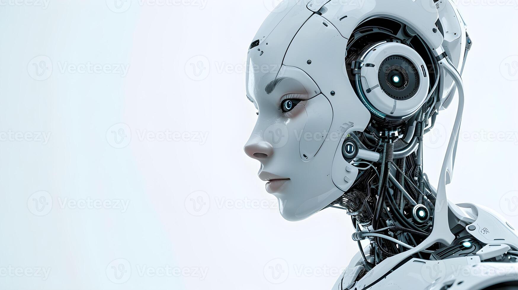 AI generated Futuristic Female Android Head Isolated On White Background photo