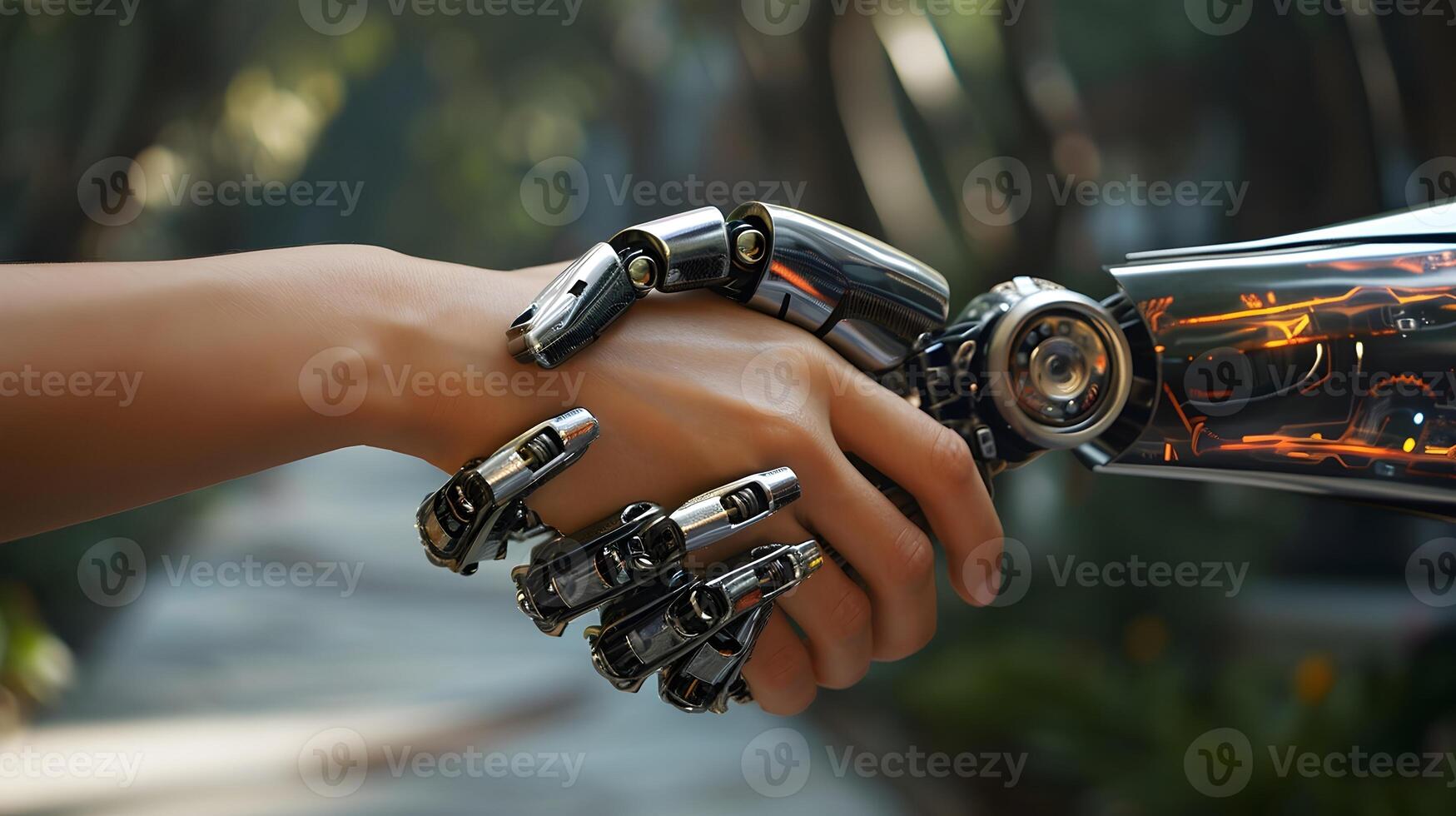 ai generado futurista robot sacudida manos en colaboración con humano foto