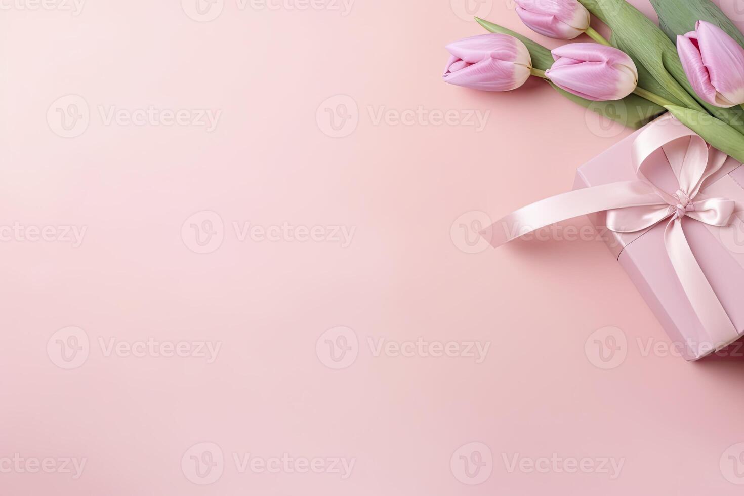 AI generated Mother's Day concept. Pink gift box with ribbon bow and a bouquet of tulips.  AI Generated photo