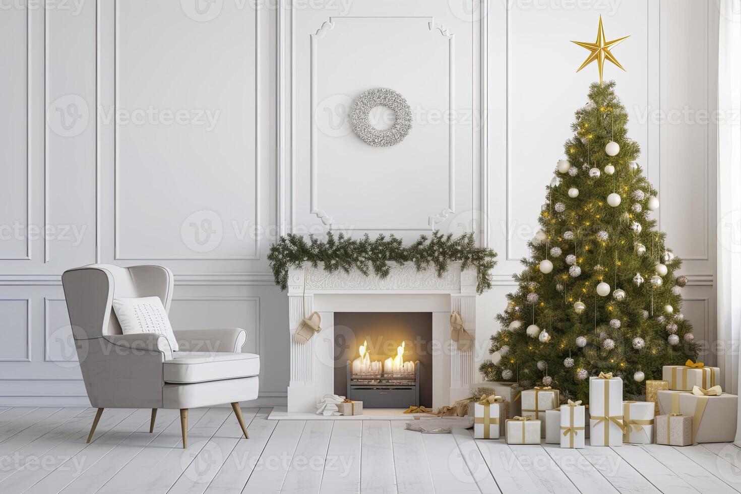 AI generated Modern Living Room With Fireplace, Christmas Tree, Gift Boxes And Armchair. AI Generated photo