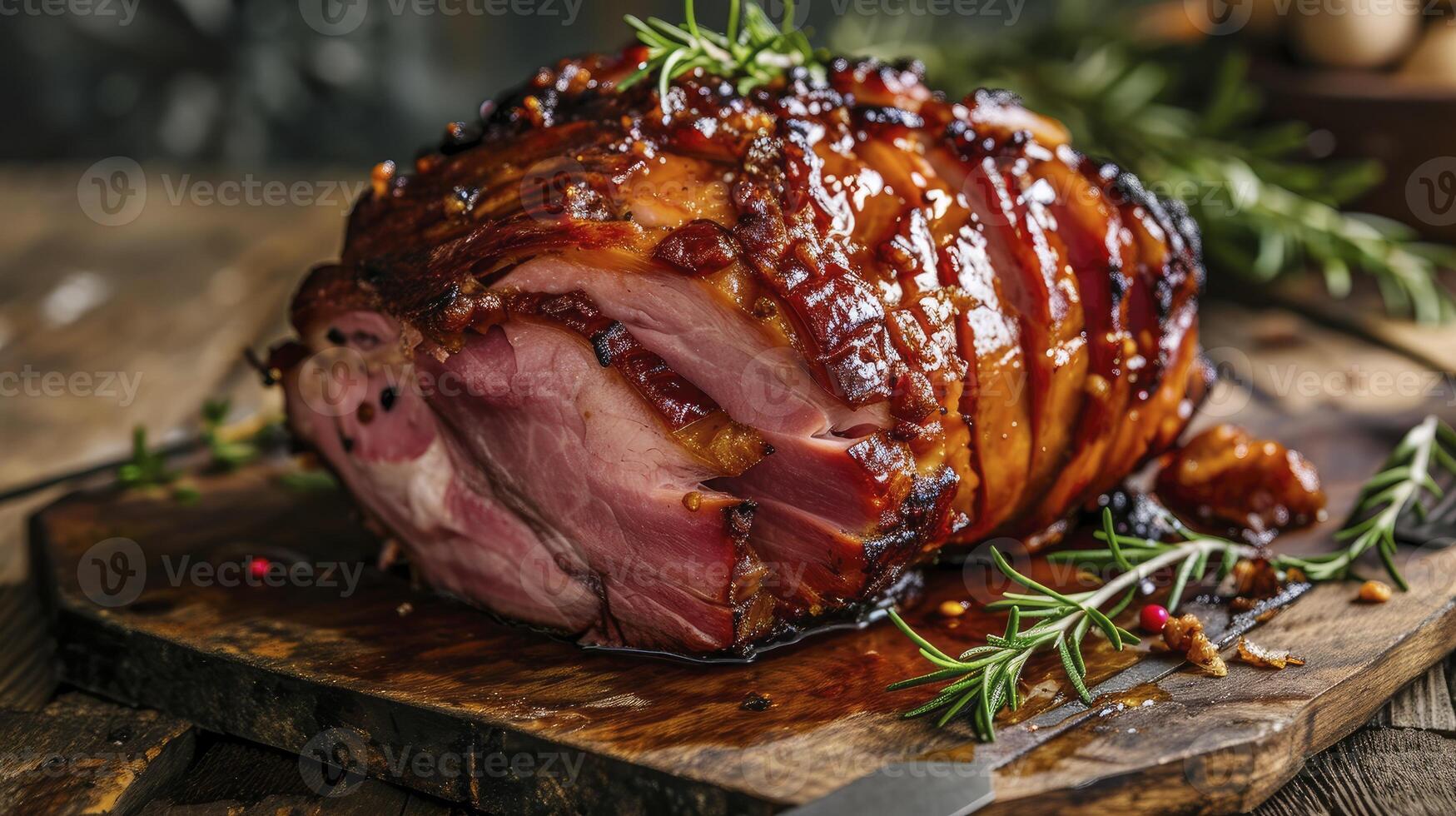 AI generated Homemade, warm, steaming Glazed Easter Spiral Cut Ham photo