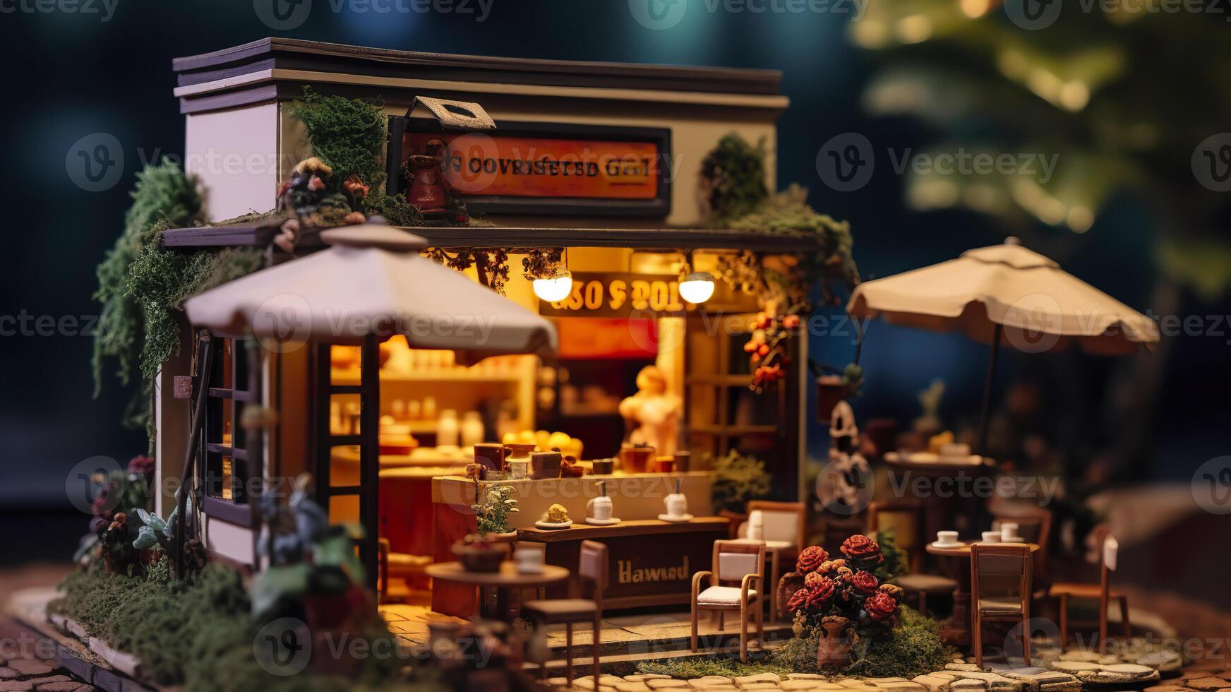 AI generated A charming and cozy coffee shop Set beside a busy highway with Warm and golden sunset light, and a Picturesque sunset view with vibrant colors. AI Generative photo