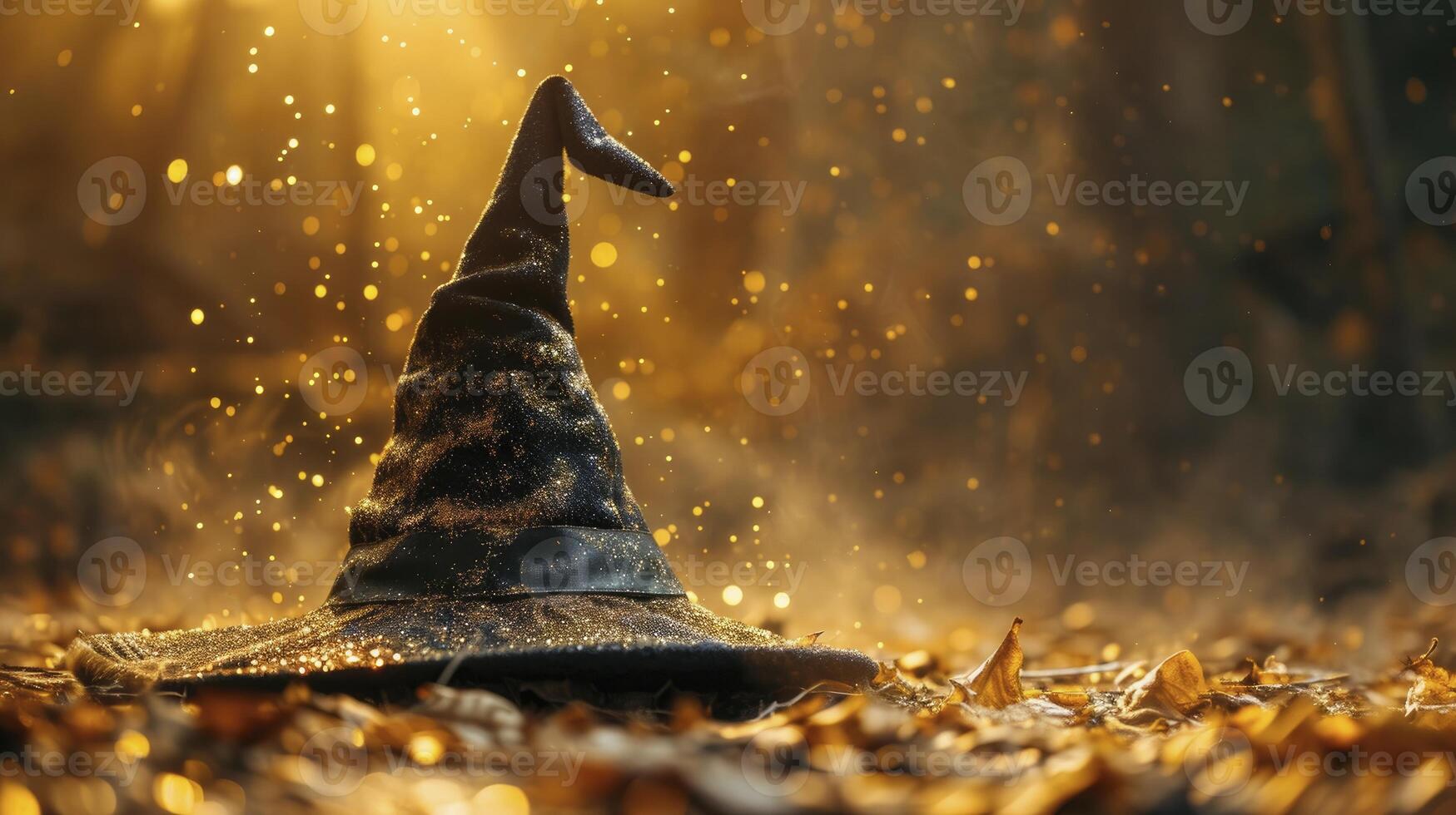 AI generated Magic Black Sorcerer Hat on Golden Fairy Dust Background ,concept carnival photo