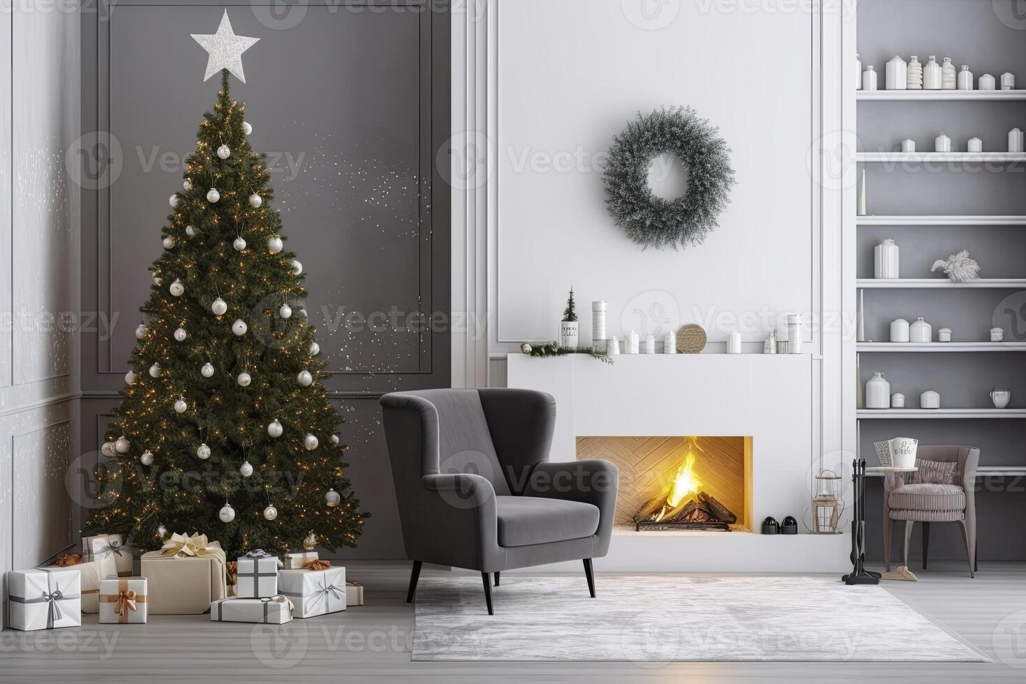 AI generated Modern Living Room With Fireplace, Christmas Tree, Gift Boxes And Armchair. AI Generated photo