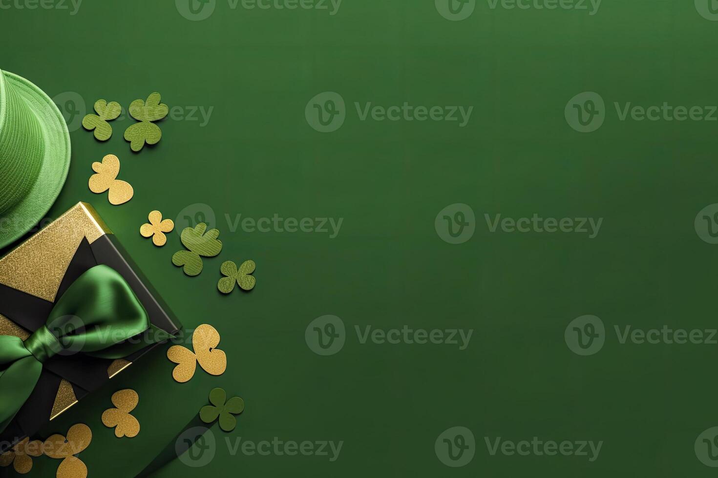 AI generated St Patrick's Day concept. leprechaun headwear gift boxes pot with gold coins. AI Generated photo