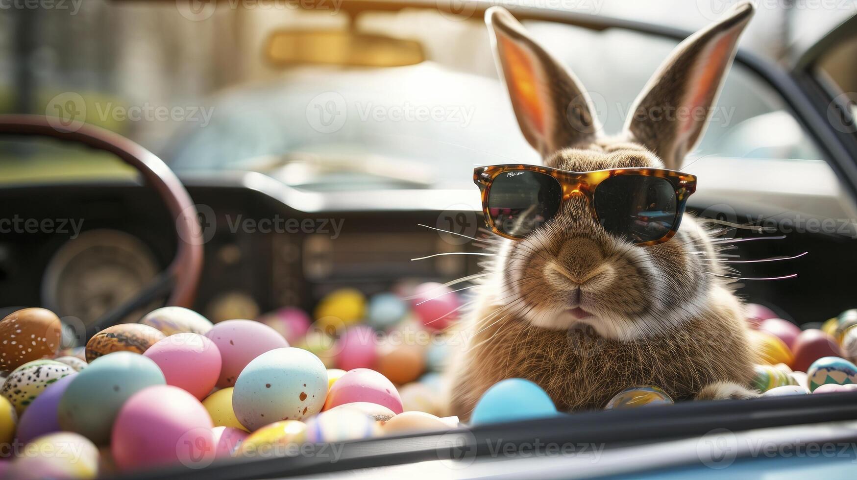 AI generated Cute Easter Bunny with sunglasses looking out of a car filed with easter eggs photo