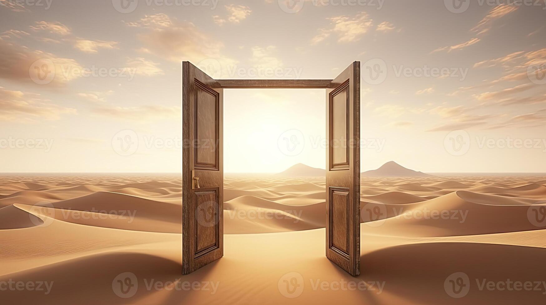 ai generado el abrió puerta en el desierto. desconocido y comienzo arriba concepto. ai generado. foto