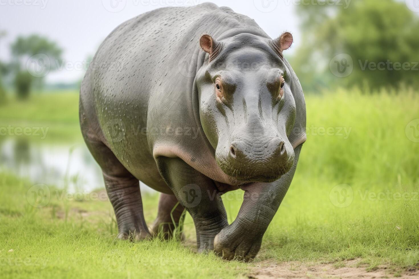 ai generado hipopótamo caminando en un verde campo. ai generado foto