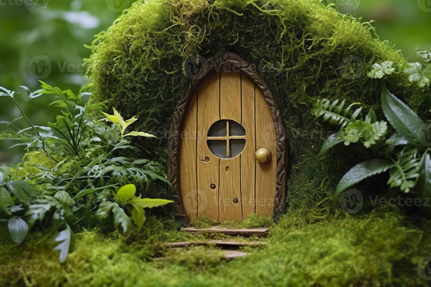 AI generated Little magic wooden fairy doors and plants leave on a mossy natural green background. AI Generated photo