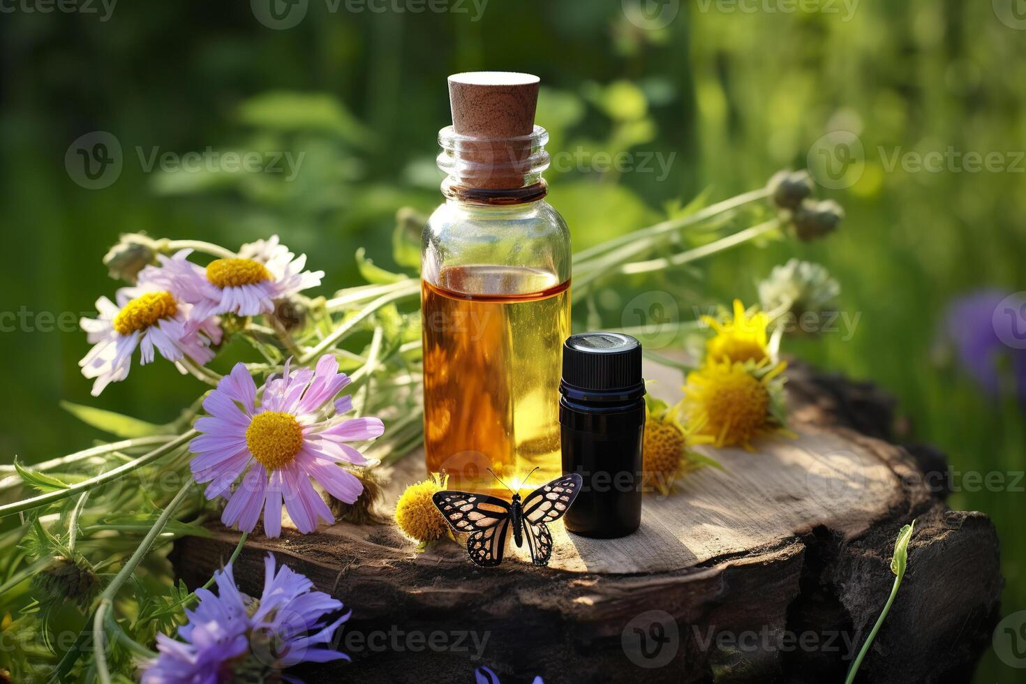 AI generated Glass Bottle of herbal essential extract, butterfly, and wildflowers on a tree stump. AI Generated photo