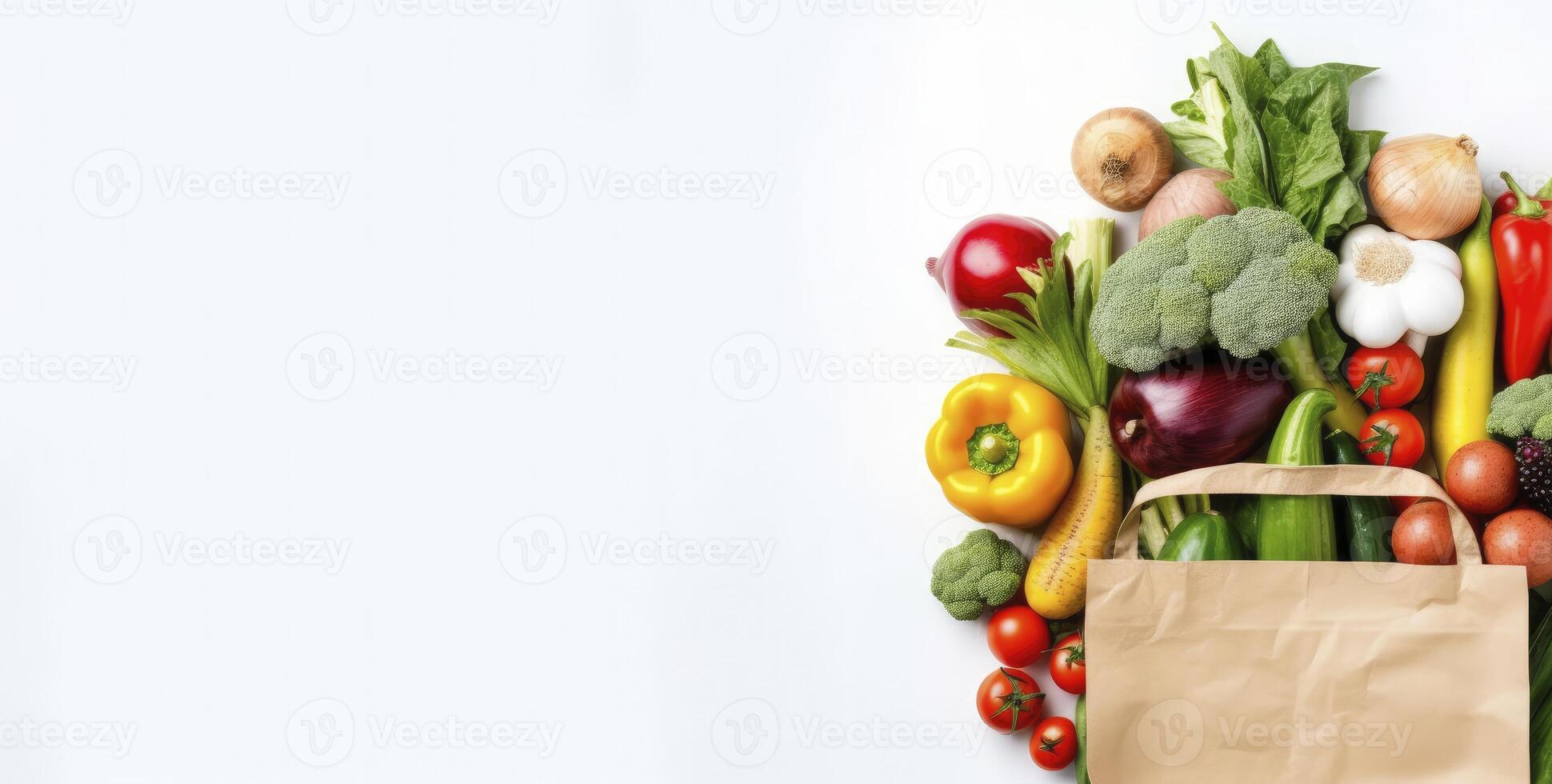 AI generated Healthy food in paper bag vegetables and fruits on white background. AI Generated photo