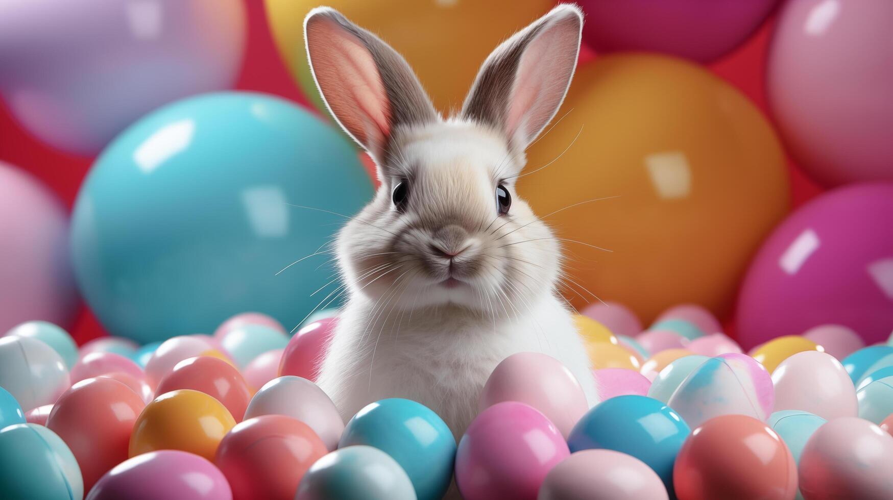 AI generated Easter bunny with sunglasses among Easter eggs on colorful background. Generative Ai. photo