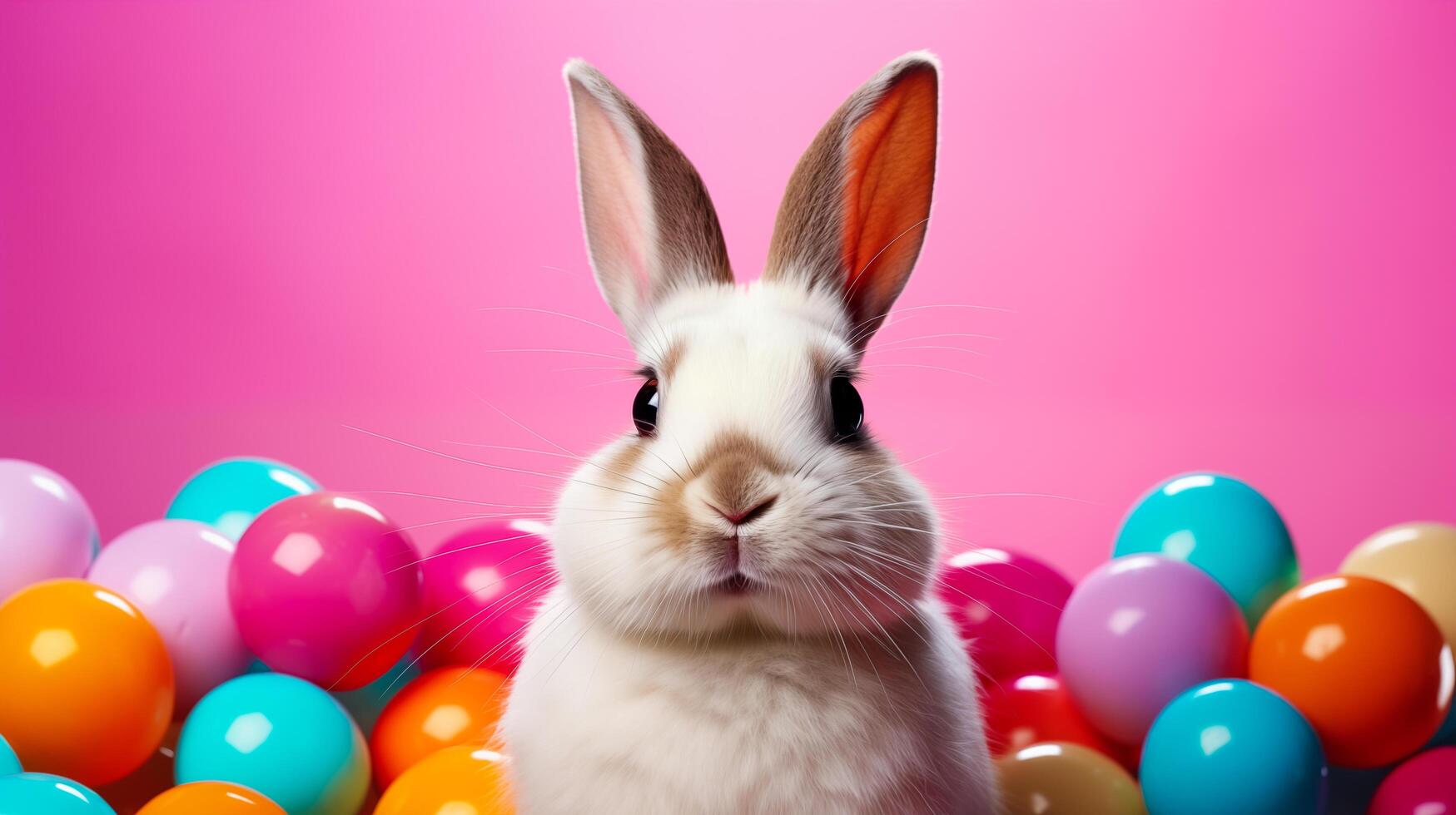 AI generated Easter bunny with sunglasses among Easter eggs on colorful background. Generative Ai. photo