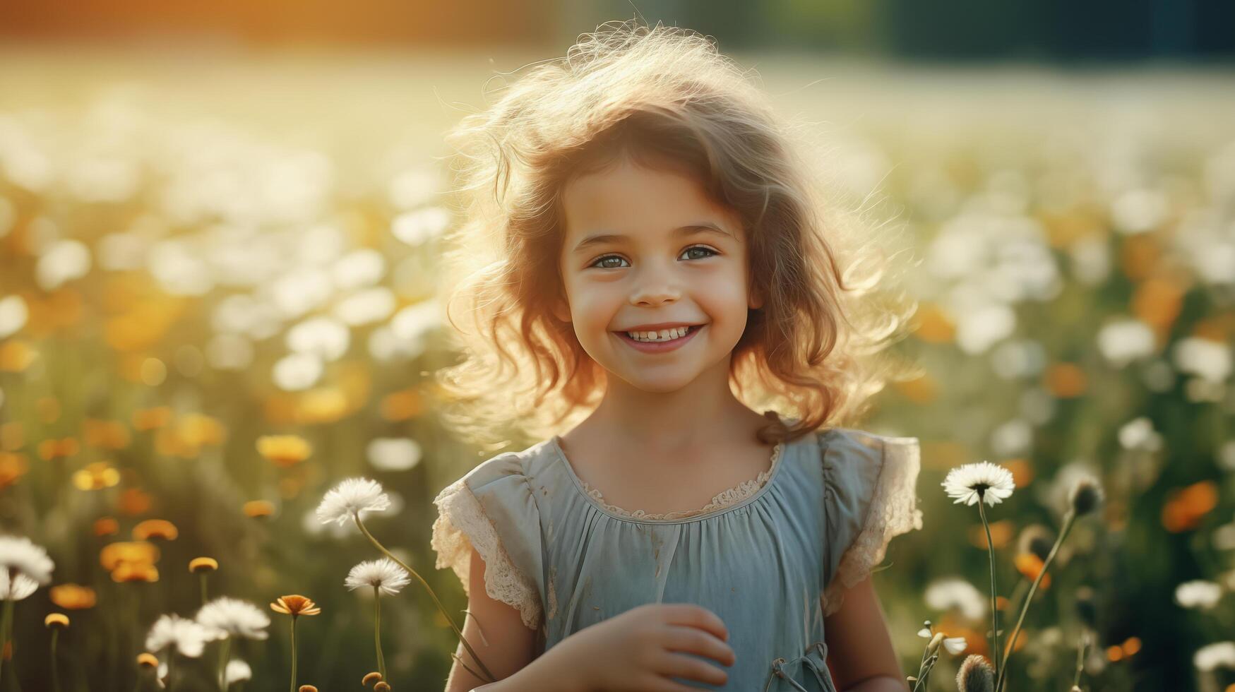 AI generated Happy cute little girl in the blossoming meadow on a sunny summer day. Generative AI. photo