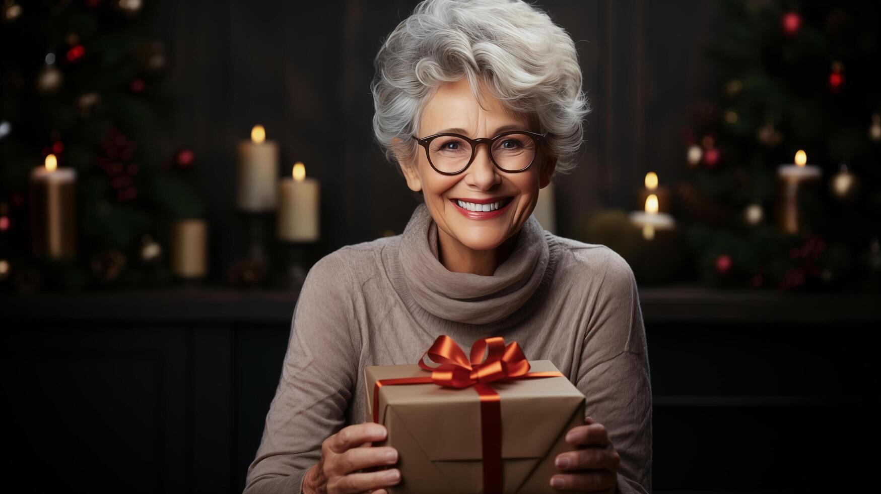 AI generated Beautiful mature woman holding gift box on clean background. Generative Ai. photo