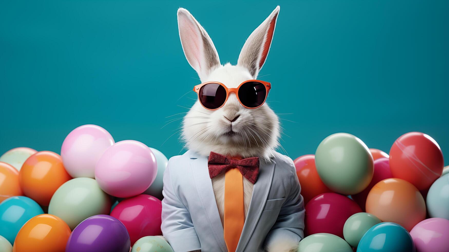 AI generated Easter bunny with sunglasses among Easter eggs on colorful background. Generative Ai. photo