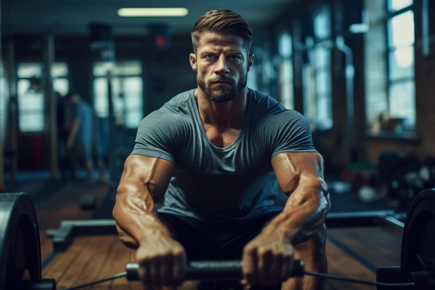 AI generated A Man working out in a gym with modern machine. Generative Ai. photo