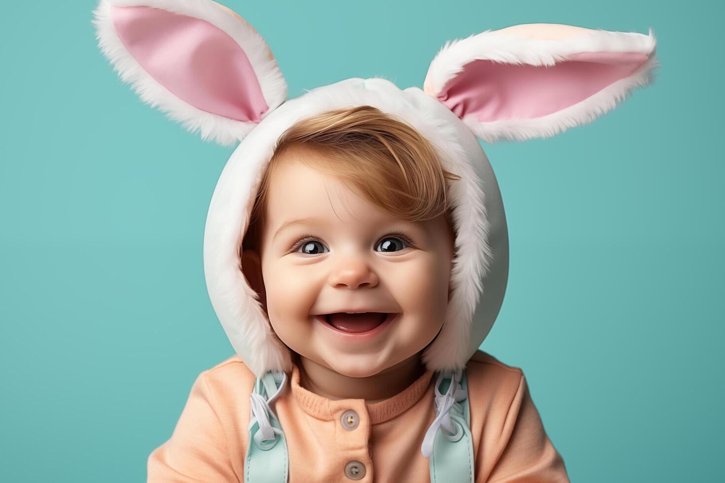 AI generated A cute baby wearing Easter bunny ears with Easter eggs and colorful background. Generative Ai. photo
