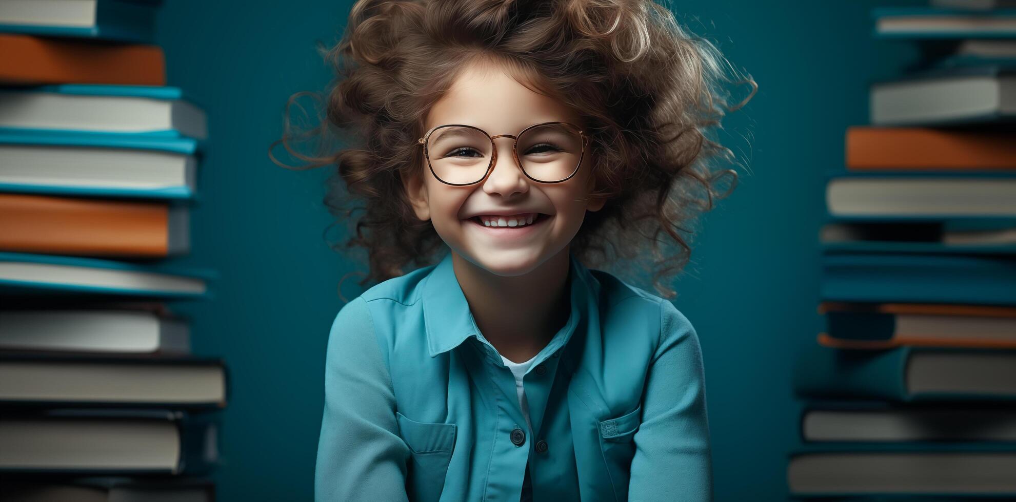 ai generado contento linda pequeño niña en un azul antecedentes con libros. generativo ai. foto