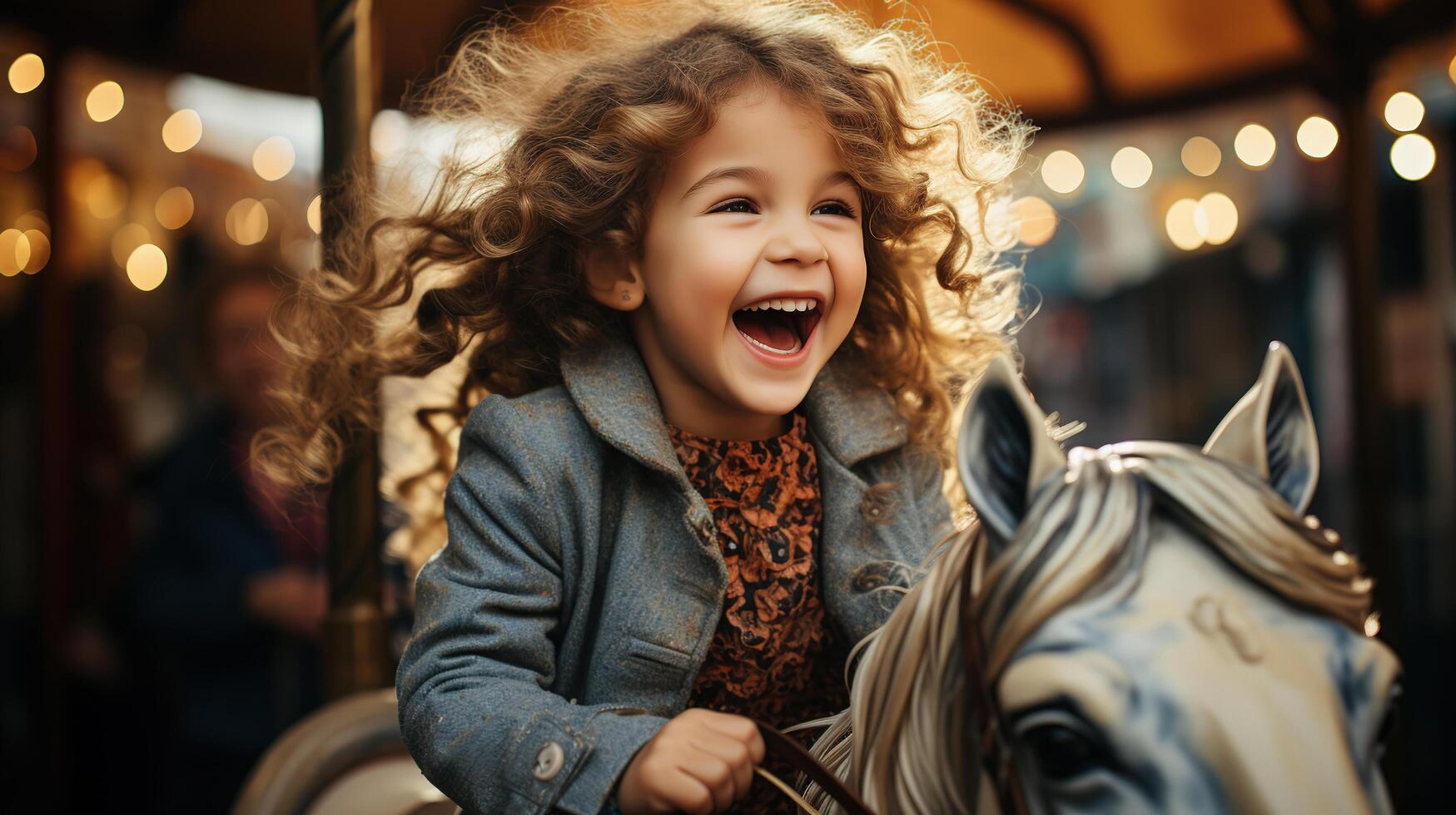 AI generated A happy girl child expressing excitement while riding on a carousel at an amusement park. Generative Ai. photo