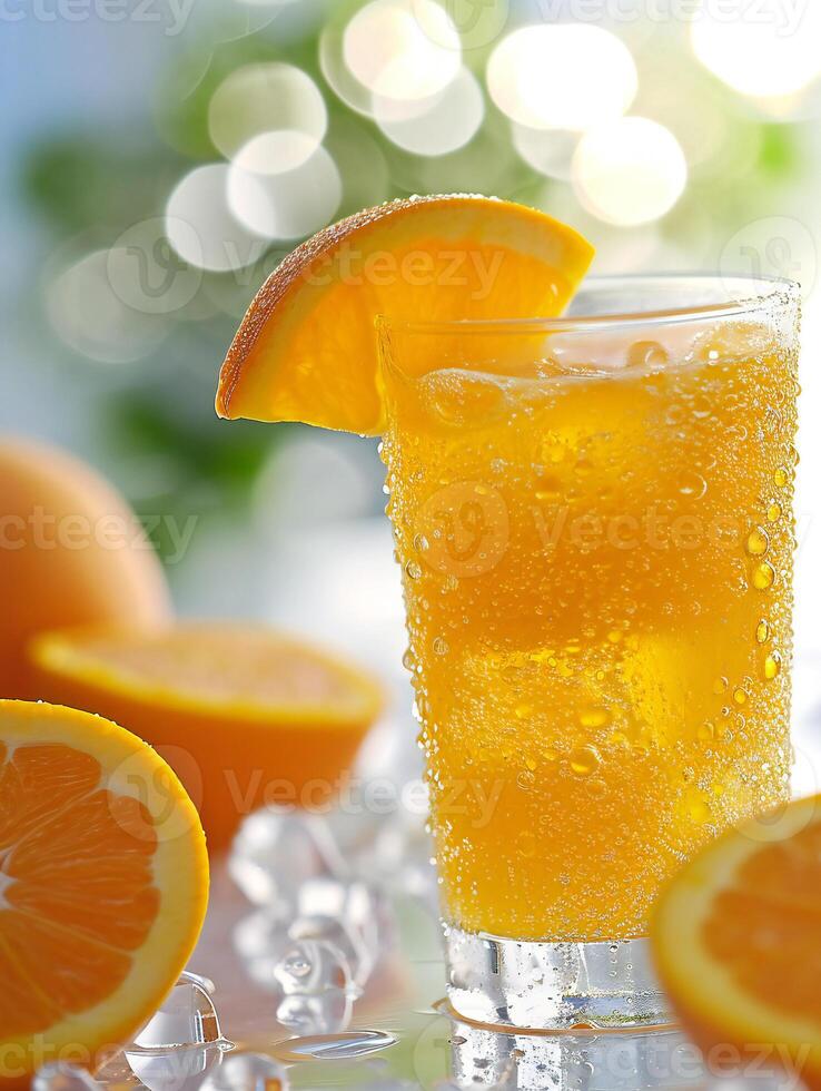 ai generado un vaso de naranja jugo con hielo cubitos foto