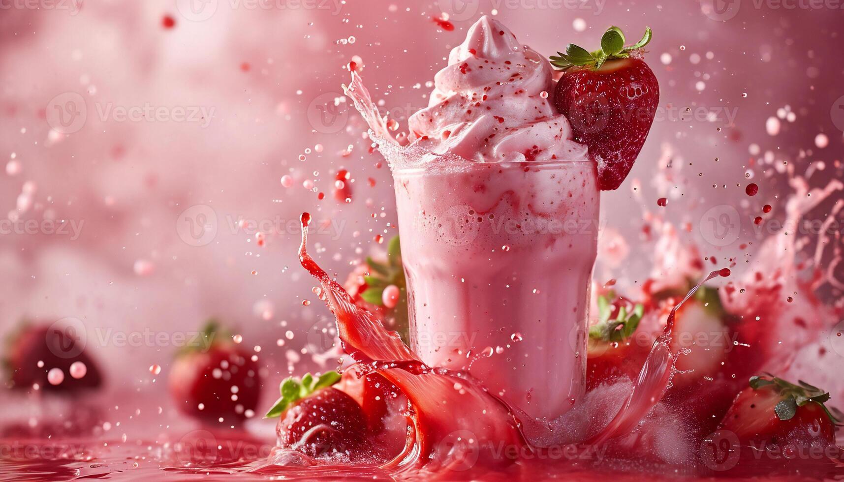 AI generated a strawberry milkshake is being splashed with water photo