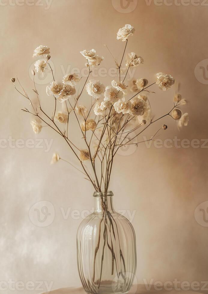 ai generado un florero con seco flores sentado en un mesa foto