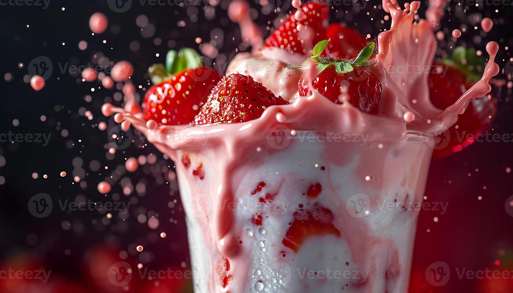 AI generated a strawberry milkshake is being splashed with water photo