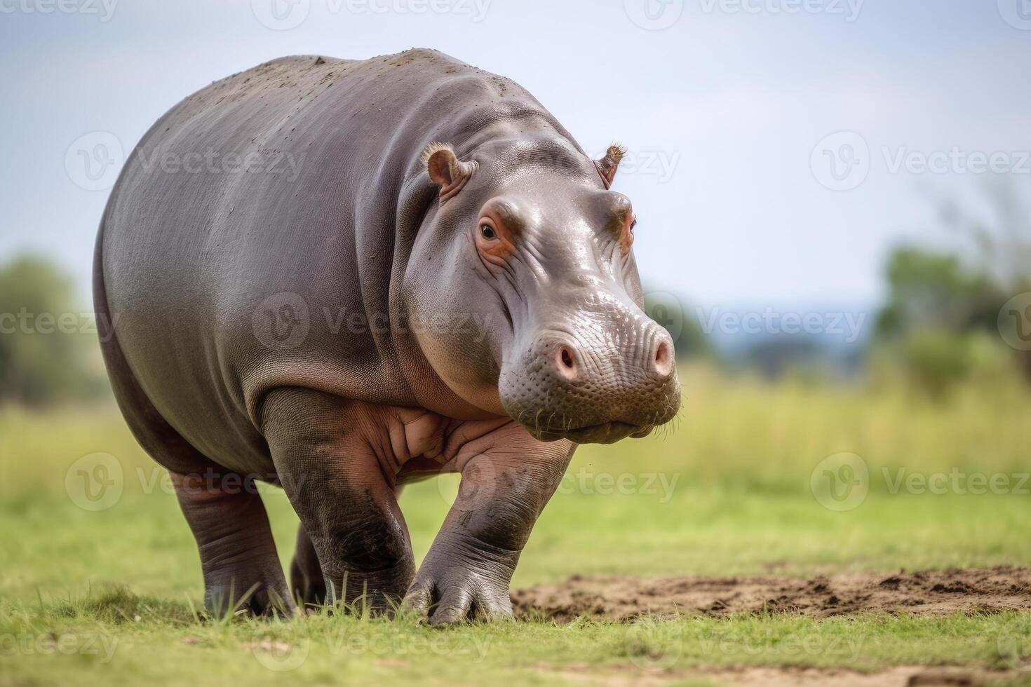 ai generado hipopótamo caminando en un verde campo. ai generado foto