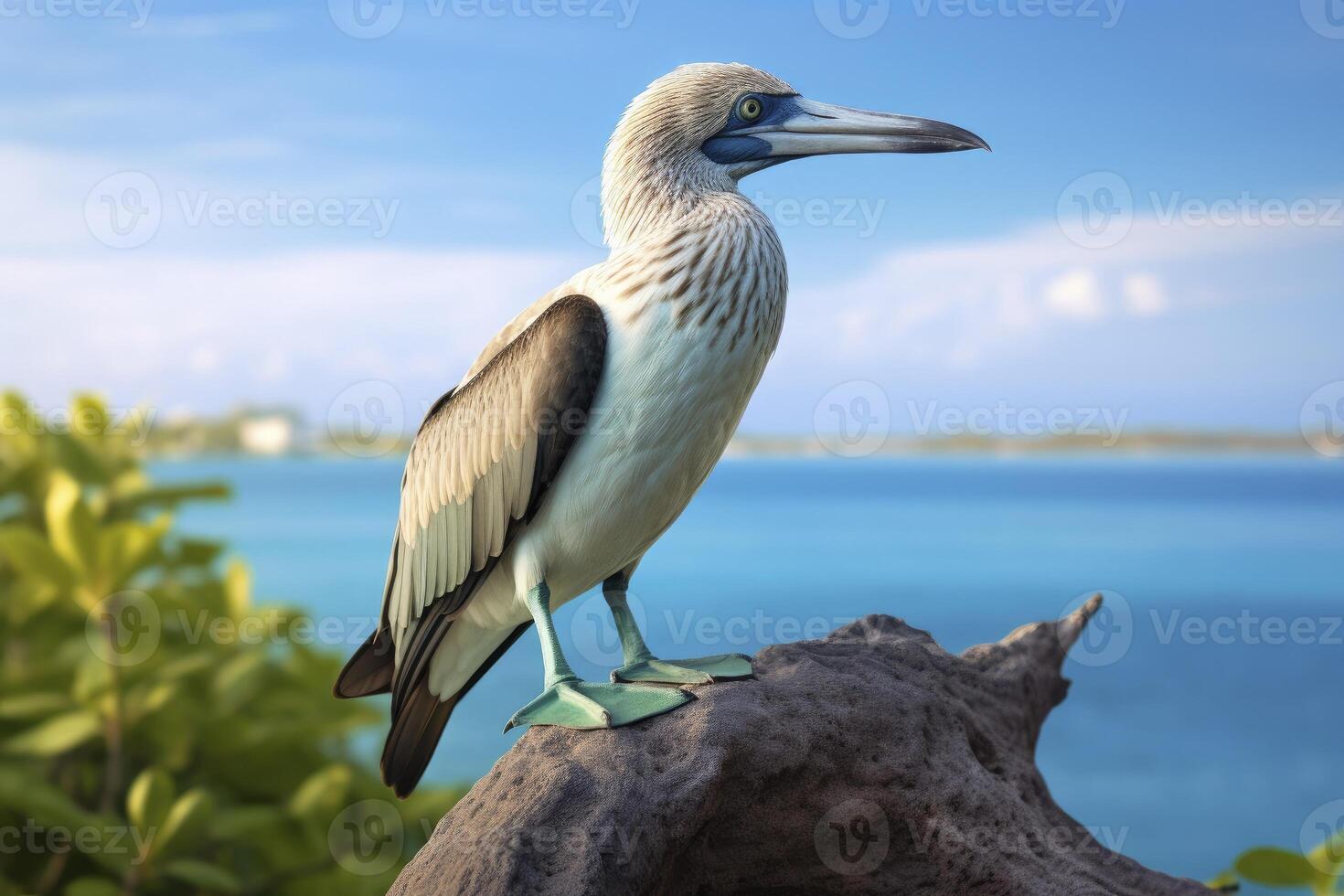 ai generado el raro patas azules bobo descansa en el playa. ai generado foto