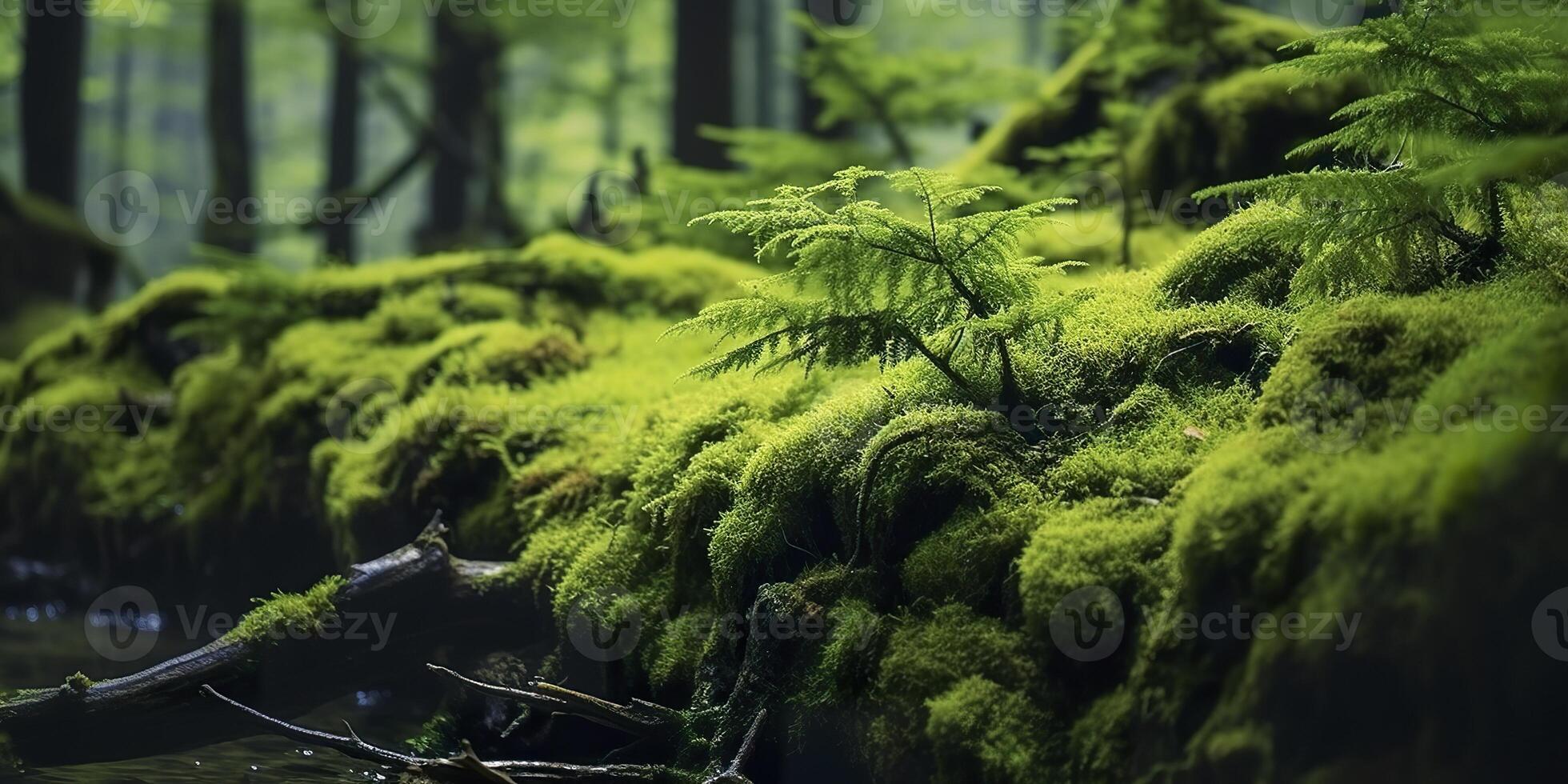 AI generated Green moss closeup, with a backdrop of woodland.  Forest in the national park. AI Generated photo