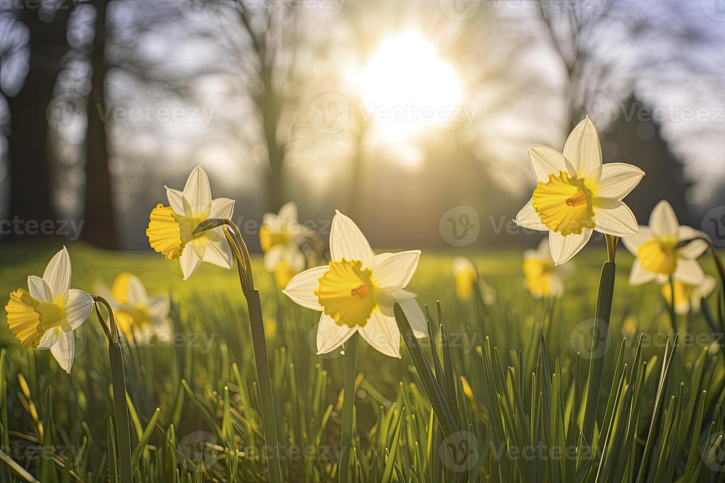 AI generated Daffodils in spring backlit by sun. AI Generated photo