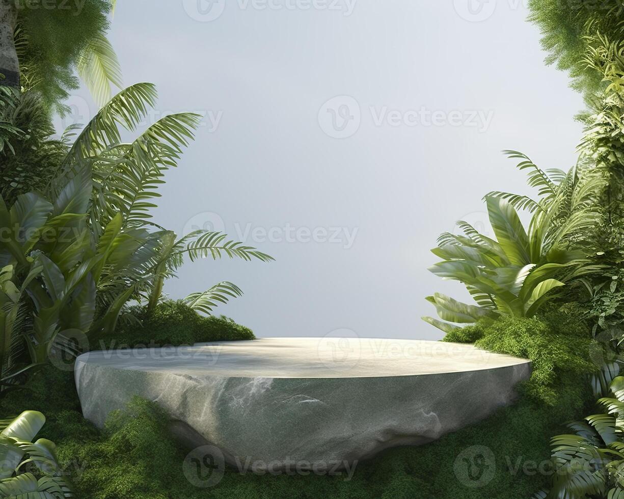 AI generated Stone product display podium for cosmetic product with green nature garden background. Generative AI photo