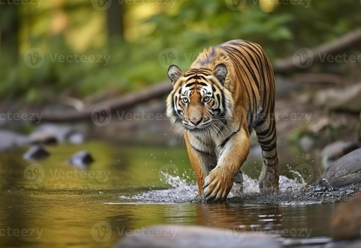 AI generated Amur tiger walking in the water. Dangerous animal.  Animal in a green forest stream. Generative AI photo