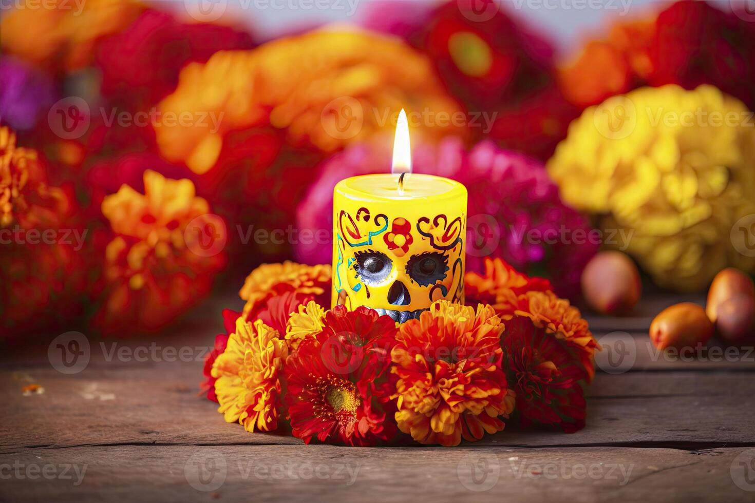 AI generated Candles and marigold flowers. Day of the dead concept dia de los muertos. AI Generated photo