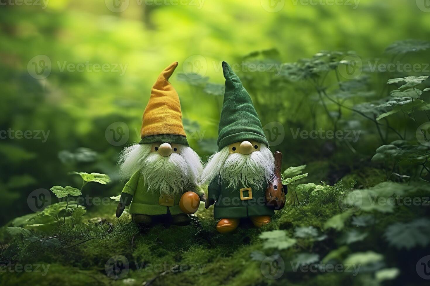 AI generated Toy Irish gnomes in a mystery forest, abstract green natural background. Generative AI photo