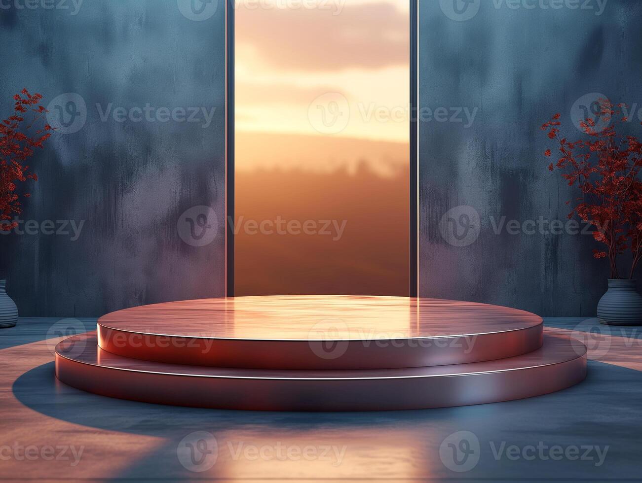 AI generated an empty podium in front of a window with a sunset photo