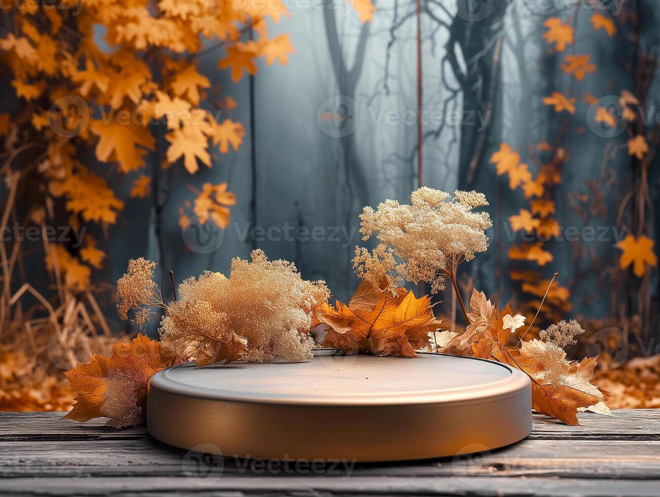 ai generado otoño hojas en un mesa en un bosque foto