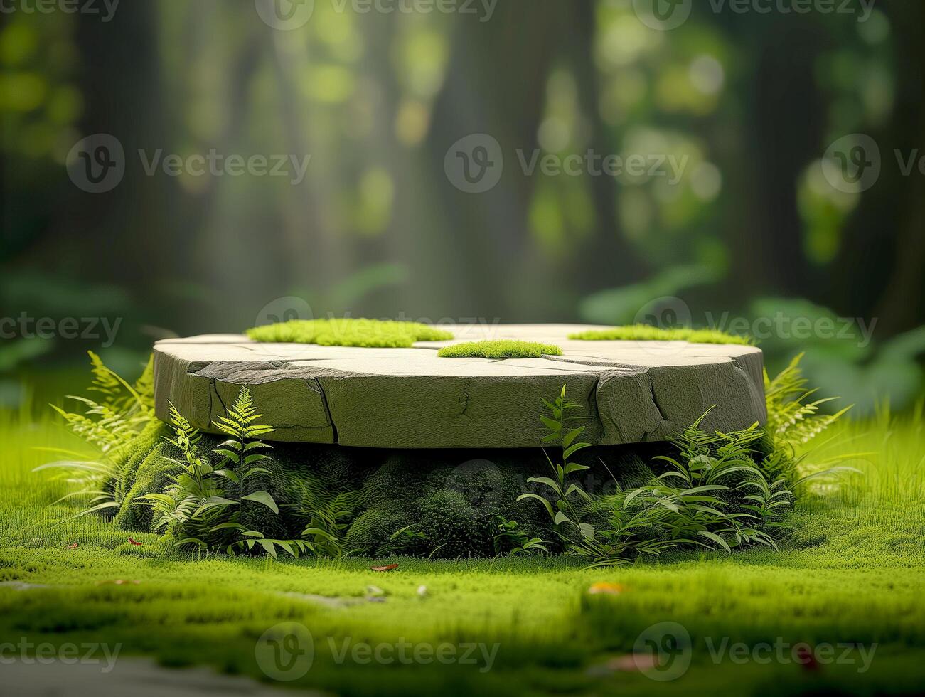 AI generated a stone table in the middle of a green forest photo