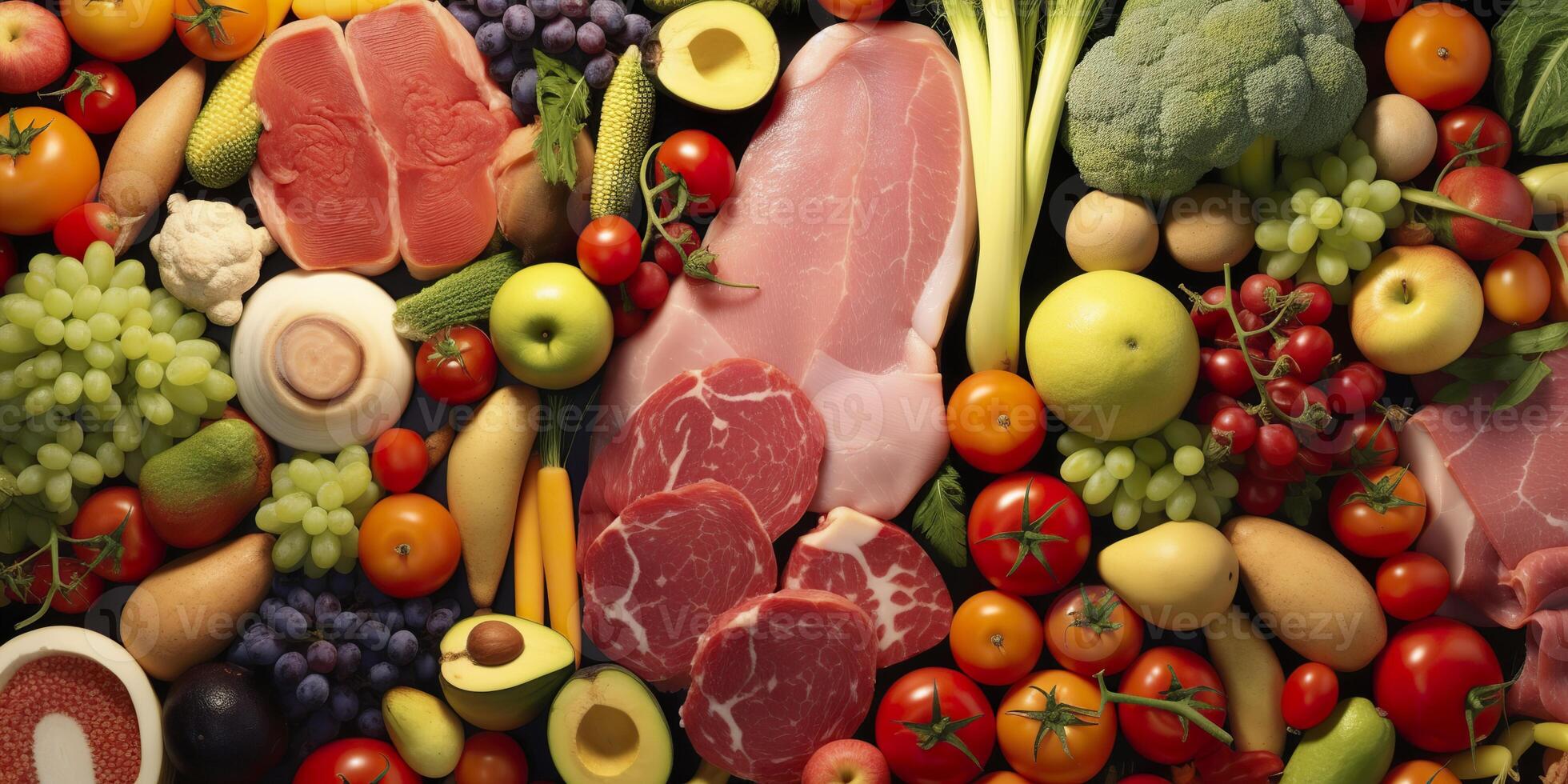 AI generated Different types of meats, vegetables, and fruits lay in supermarkets. Generative AI photo