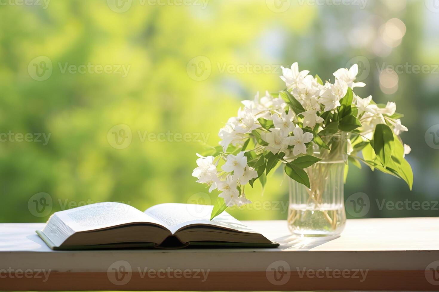 AI generated Jasmine flowers in a vase and open book on the table, green natural background. AI Generated photo