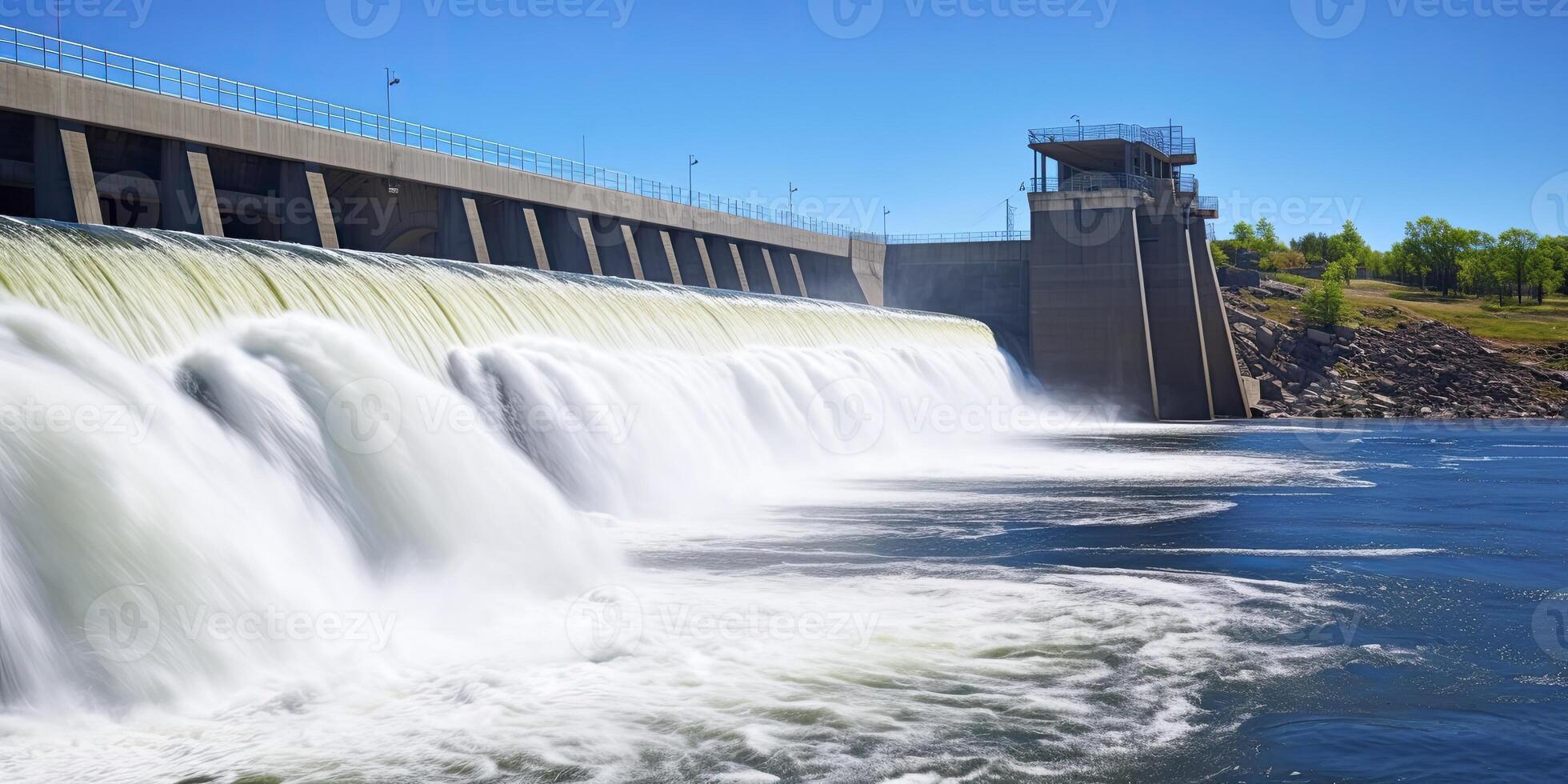 ai generado hidroeléctrico represa generando verde energía desde fluido agua. ai generado. foto