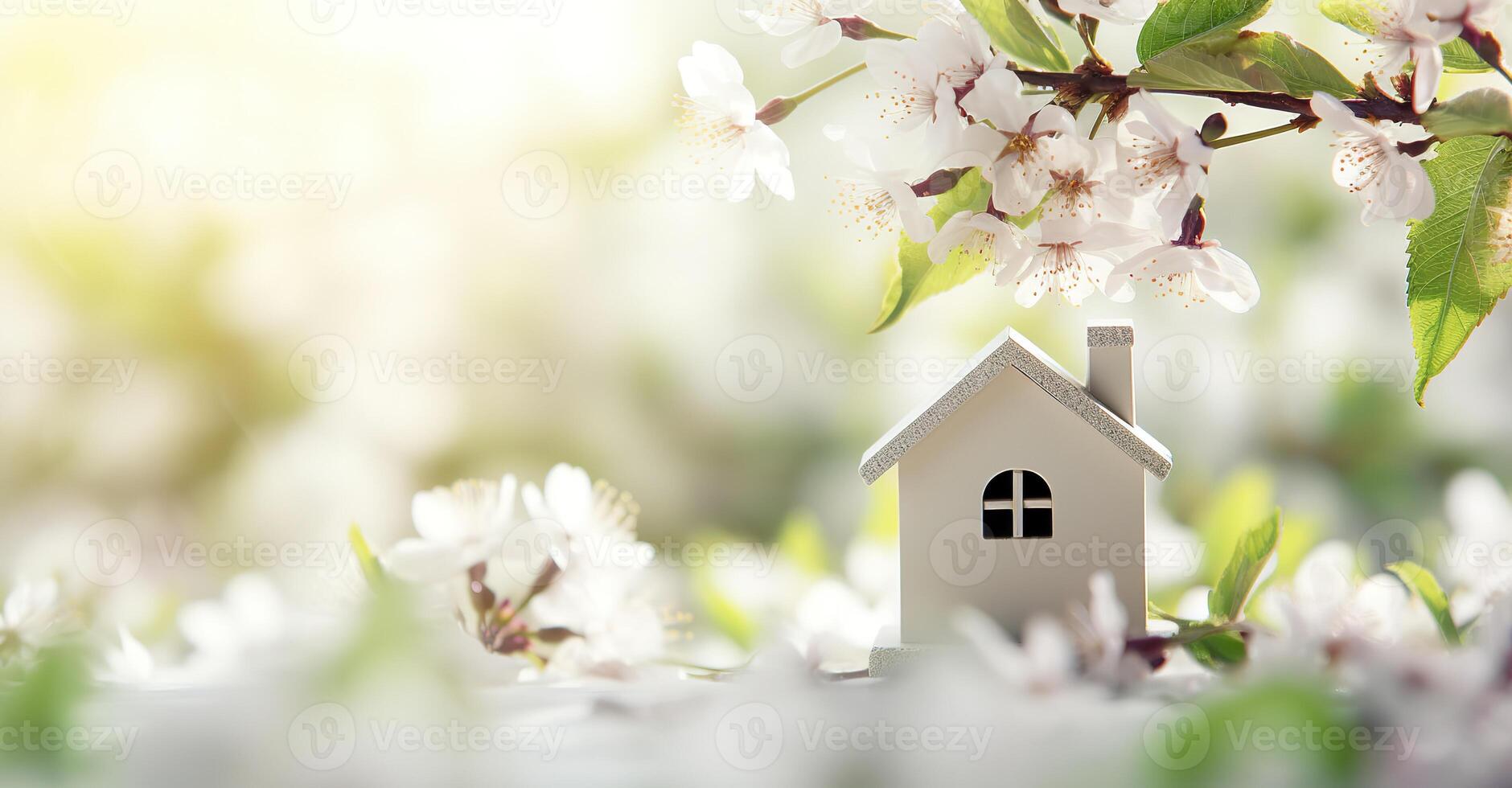 AI generated Toy house and cherry flowers, spring abstract natural background. Generative AI photo