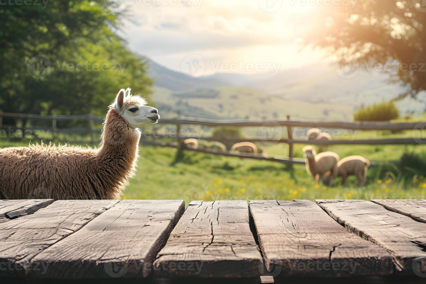 AI generated Alpaca Haven Wooden Tabletop Foreground, Background of Lush Farm photo