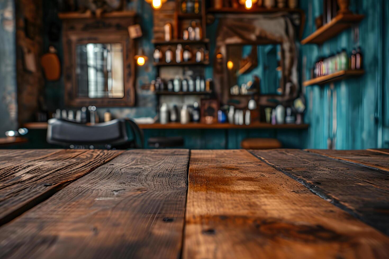 AI generated Foreground Wooden Table, Blurred Barbershop Ambiance Background, Classic Grooming Scene photo